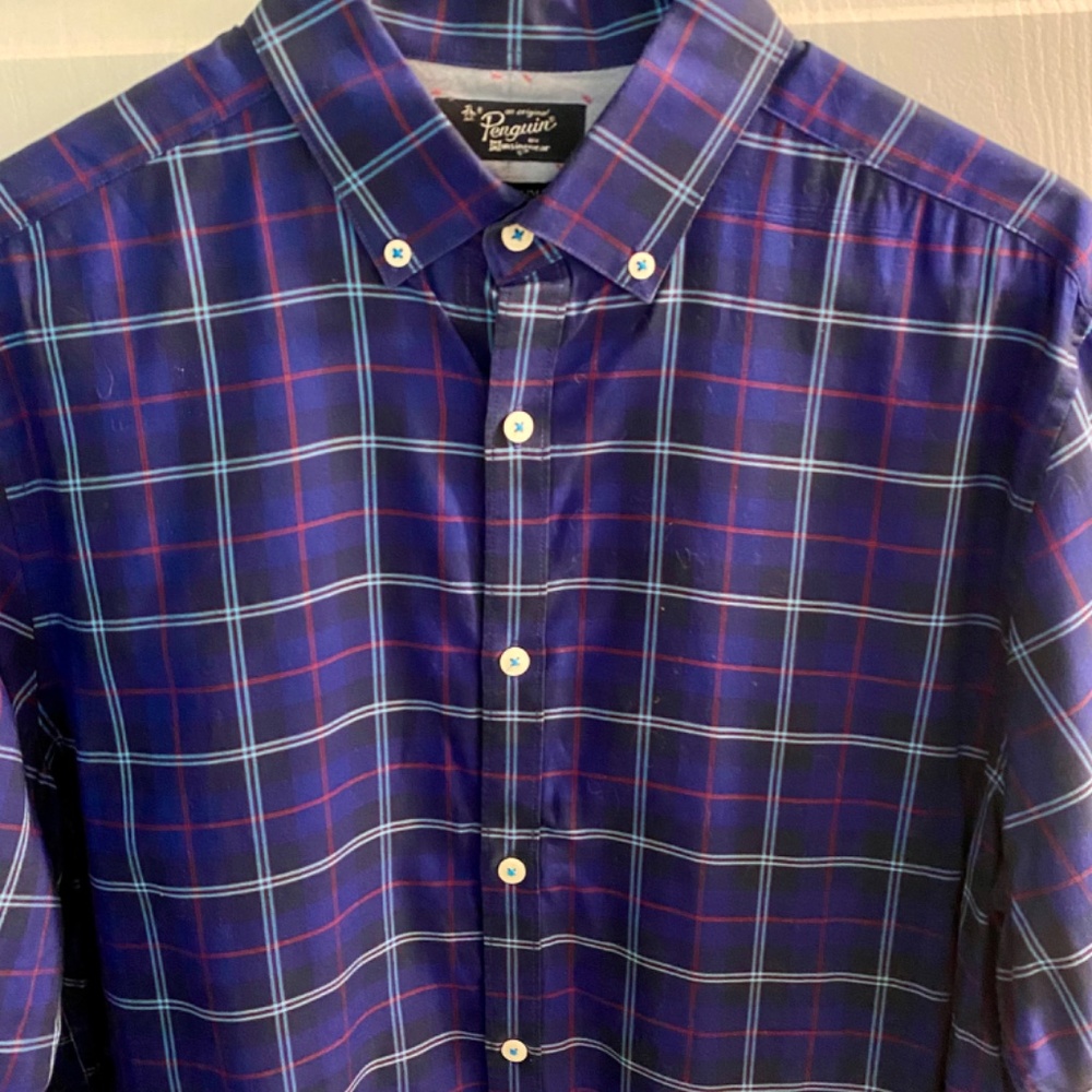 Original Penguin Men’s Button-Down, Size S, Blue Plaid